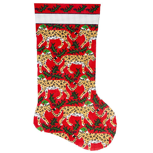 Leopards and Holly Stocking Painted Canvas KCN Designers  - 1
