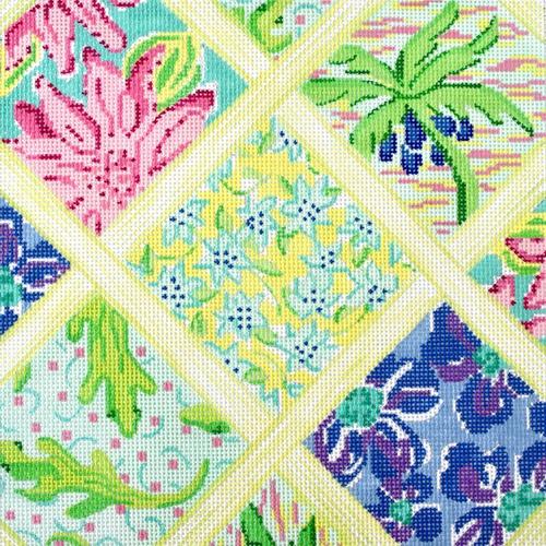 Lilly Lattice Patchwork Medium Square - Turquoise Painted Canvas Kate Dickerson Needlepoint Collections 