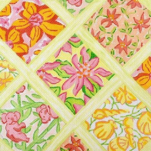 Lilly Lattice Patchwork Medium Square - Yellows Painted Canvas Kate Dickerson Needlepoint Collections 