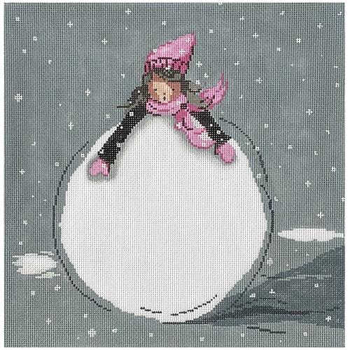 Little Girl, Huge Snowball Painted Canvas Patti Mann  - 1