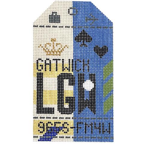 London Gatwick LGW Vintage Travel Tag Painted Canvas Hedgehog Needlepoint 