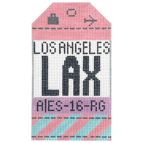Los Angeles LAX Vintage Travel Tag Painted Canvas Hedgehog Needlepoint 