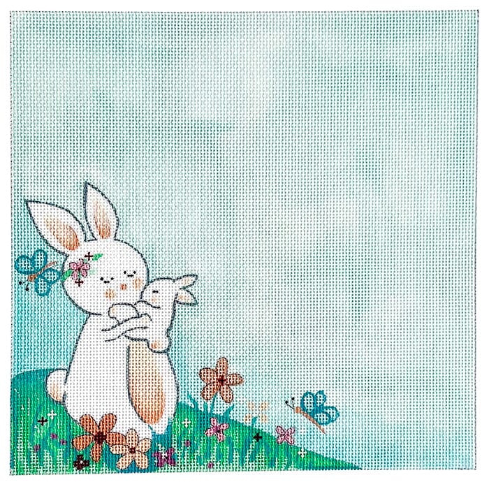 Mama and Baby Bunny on Blue Announcement Painted Canvas Alice Peterson Company 