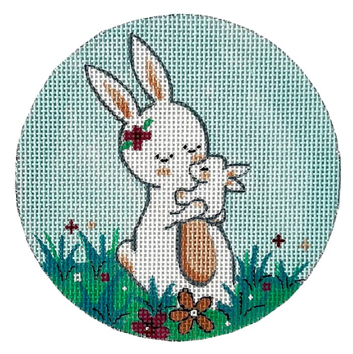 Mama and Baby Bunny on Blue Round Painted Canvas Alice Peterson Company  - 1