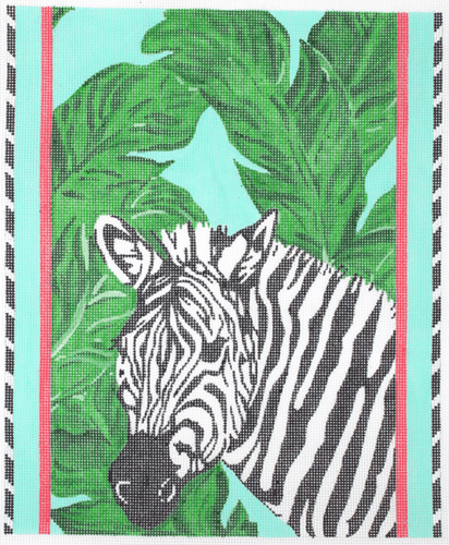 Megan Carn Zebra with Tropical Leaves Painted Canvas Kate Dickerson Needlepoint Collections  - 1