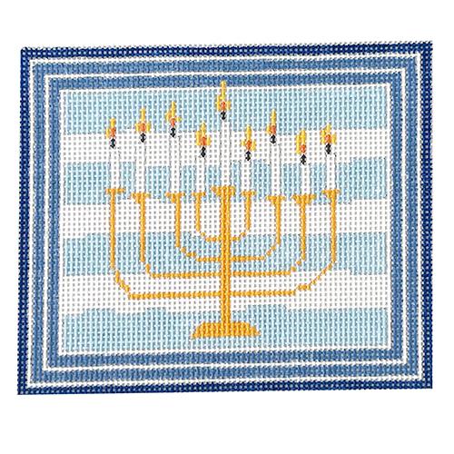 Menorah on Blue Stripes Painted Canvas Pippin  - 1