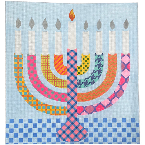 Menorah Set - Bright Funky Patterns w/ Damask Background with Individual Flames Painted Canvas Kate Dickerson Needlepoint Collections 