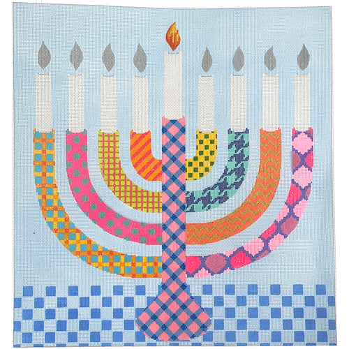 Menorah Set   Bright Funky Patterns w/ Damask Background with Individual Flames Painted Canvas Kate Dickerson Needlepoint Collections 
