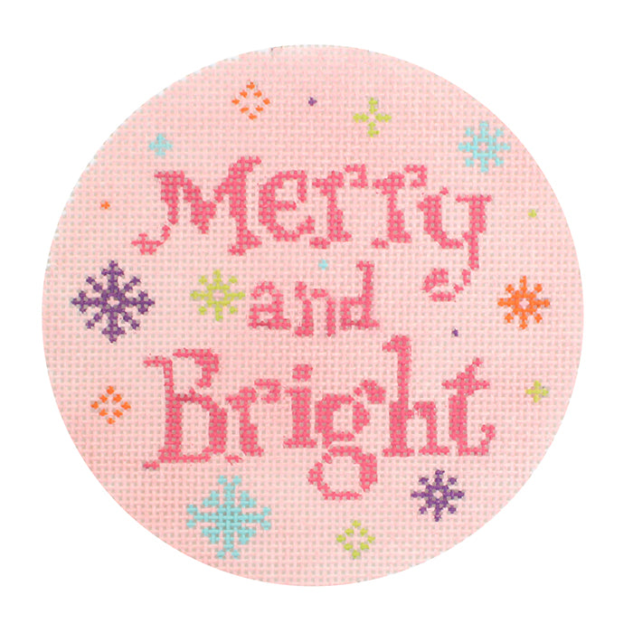 Merry and Bright Round on Pink Painted Canvas Stitch Rock Designs 