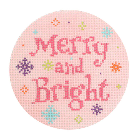 Merry and Bright Round on Pink Painted Canvas Stitch Rock Designs 