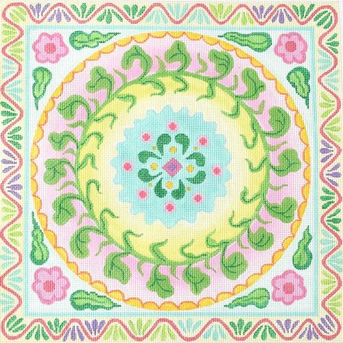Mexican Embroidery Style Circle in a Square   Circus Palette Painted Canvas Kate Dickerson Needlepoint Collections  - 1