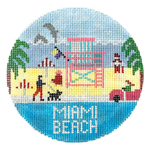 Miami Beach FL Round Painted Canvas Doolittle Stitchery  - 1