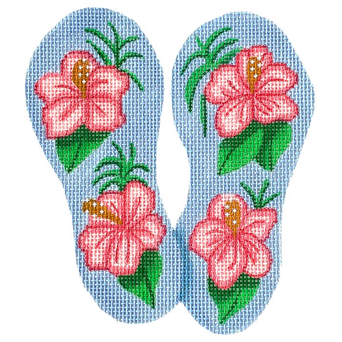 Mini Flip Flop - Hibiscus - Raspberry Pinks & Greens on Light Periwinkle Painted Canvas Kate Dickerson Needlepoint Collections 