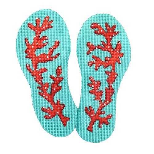 Mini Flip Flop   Red Coral on Caribbean Painted Canvas Kate Dickerson Needlepoint Collections  - 1
