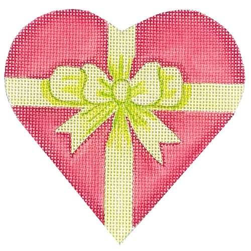 Mini Heart - Gift Heart with Double Bow - Pinks and Limes Painted Canvas Kate Dickerson Needlepoint Collections 