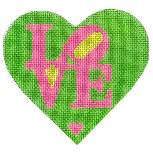 Mini Heart - Robert Indiana Style LOVE - Flamingo on Kelly with Lime Painted Canvas Kate Dickerson Needlepoint Collections 