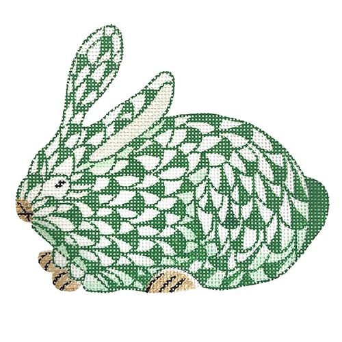 Mini Herend-Style Crouching Bunny - Emerald Painted Canvas Kate Dickerson Needlepoint Collections 