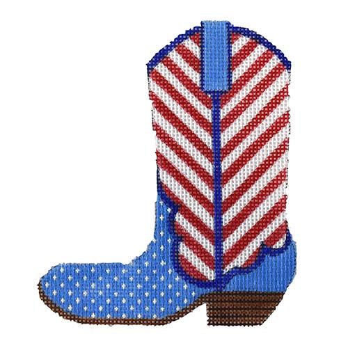 Mini Patriotic Cowgirl Boot - Red Stripes Painted Canvas Kate Dickerson Needlepoint Collections 