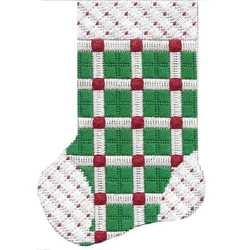 Mini Sock Green, White, & Red Check with Stitch Guide Painted Canvas A Stitch in Time 