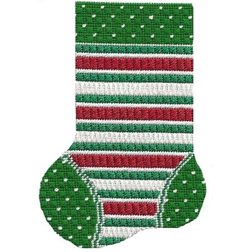 Mini Sock Green, White, & Red Stripe with Stitch Guide Painted Canvas A Stitch in Time 
