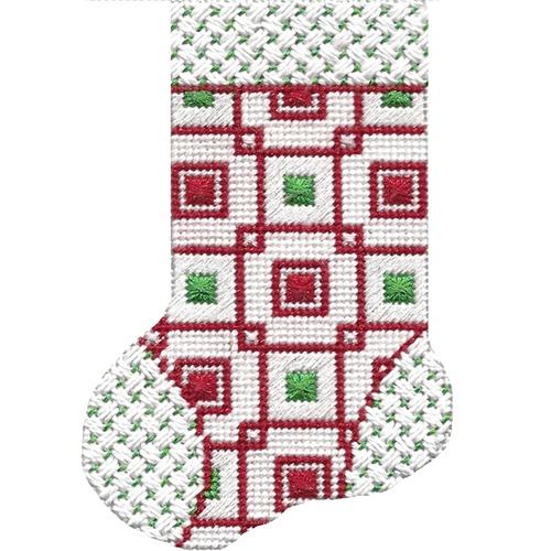 Mini Sock Red & Green Squares with Stitch Guide Painted Canvas A Stitch in Time 