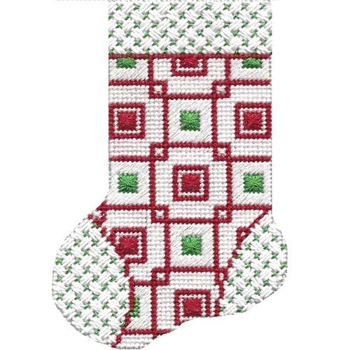Mini Sock Red & Green Squares with Stitch Guide Painted Canvas A Stitch in Time  - 1
