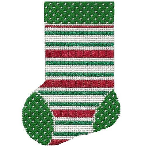 Mini Sock with Red, White, & Green Lines with Stitch Guide Painted Canvas A Stitch in Time 