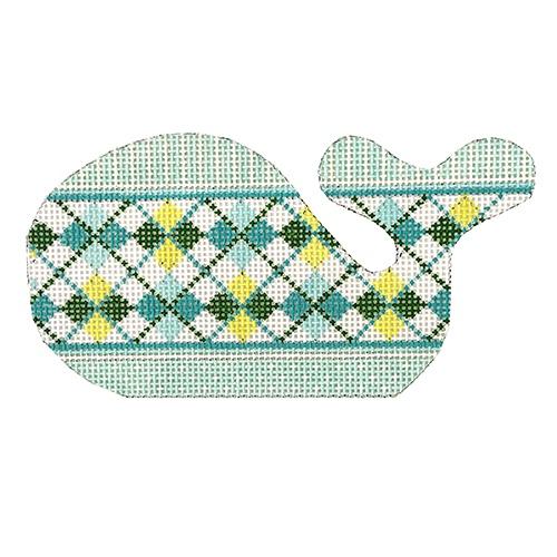 Mini Whale - Argyle Turquoise & Green Painted Canvas Kate Dickerson Needlepoint Collections 