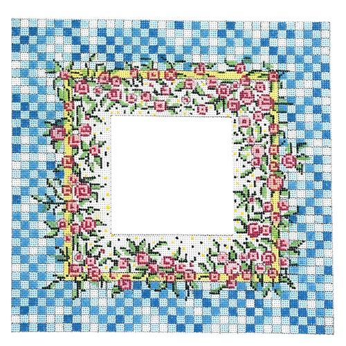 Miniature Roses / Blue Check Frame Painted Canvas The Meredith Collection  - 1