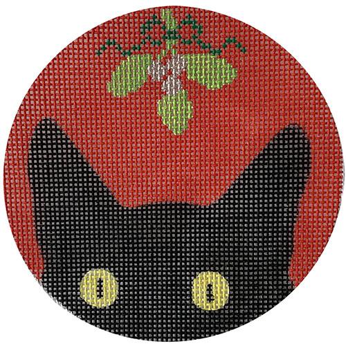 Mistletoe Peeky Kitty Round Painted Canvas Eye Candy Needleart 