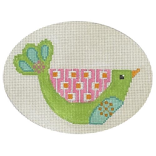 Mod Bird   Green & Pink Ornament Painted Canvas Eye Candy Needleart  - 1