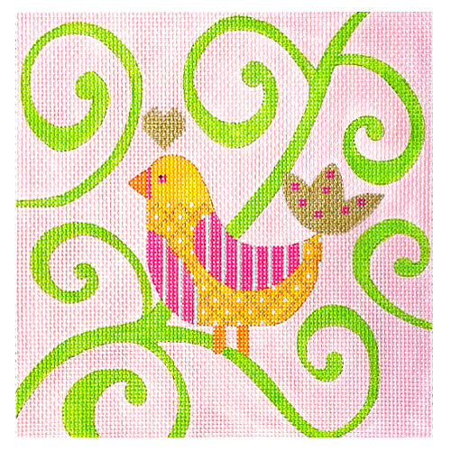Mod Bird   Pink & Green Swirls Background on 13 Painted Canvas Eye Candy Needleart  - 1