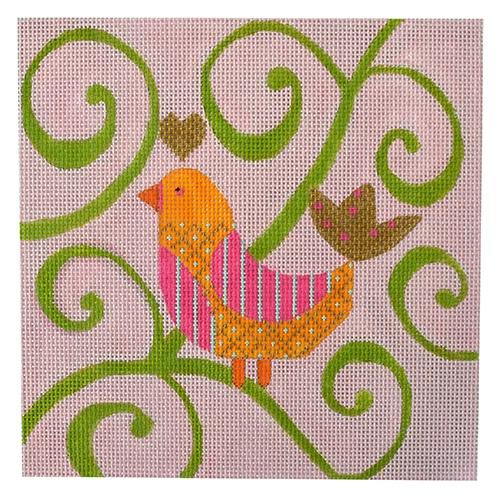 Mod Bird  Pink/green Swirls Background Painted Canvas Eye Candy Needleart  - 1