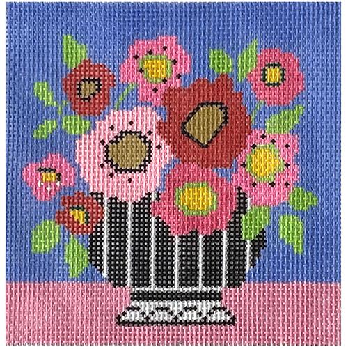 Mod Flowers   Pink & Red on Blue Painted Canvas Amanda Lawford  - 1