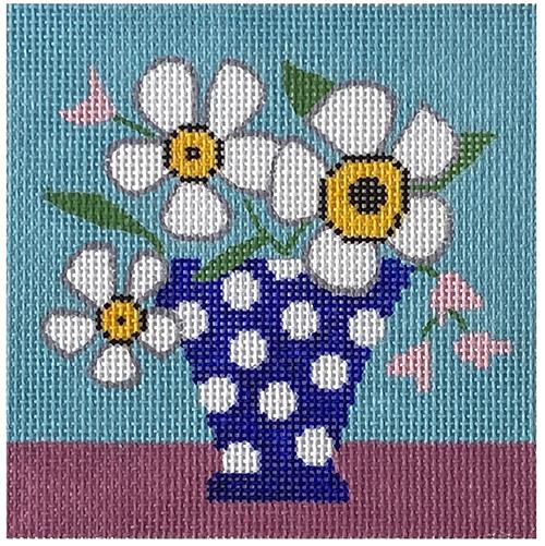 Mod Flowers   White & Pink on Blue Painted Canvas Amanda Lawford  - 1