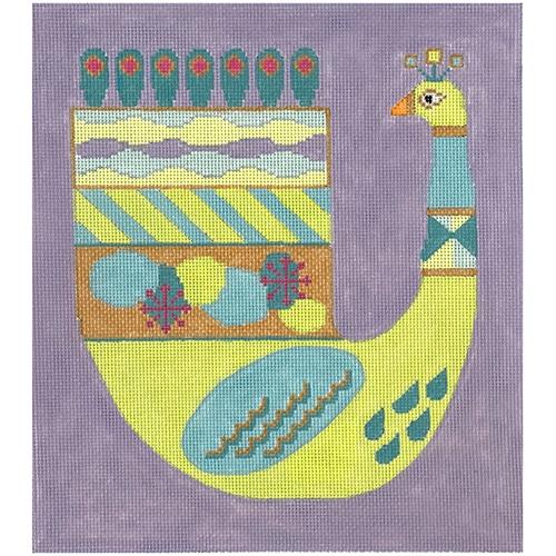Mod Green Peacock on Purple Painted Canvas Eye Candy Needleart  - 1