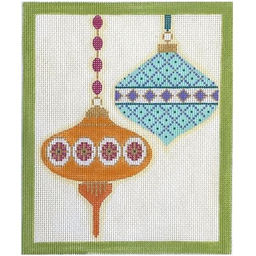 Mod Ornament Duo   Green Border Painted Canvas Eye Candy Needleart  - 1