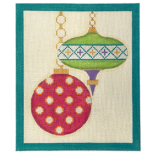 Mod Ornament Duo   Teal Border Painted Canvas Eye Candy Needleart  - 1