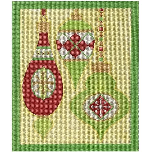 Mod Ornament Trio   Green & Red Argyle Teardrop Painted Canvas Eye Candy Needleart  - 1