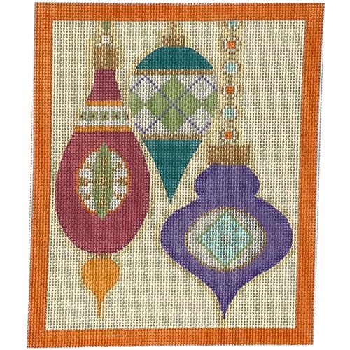 Mod Ornament Trio   Orange Border Painted Canvas Eye Candy Needleart  - 1