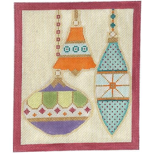 Mod Ornament Trio   Pink Border Painted Canvas Eye Candy Needleart  - 1