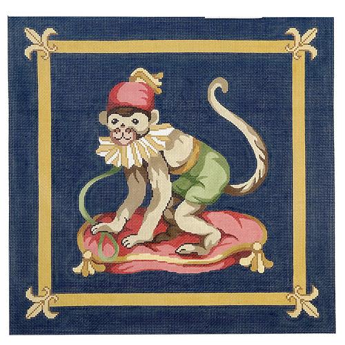 Monkey with Fez Hat Pillow Painted Canvas Silver Needle  - 1