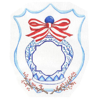 Monogram Crest   Chinese Vase with Bow in Blue & Red Painted Canvas Kate Dickerson Needlepoint Collections 
