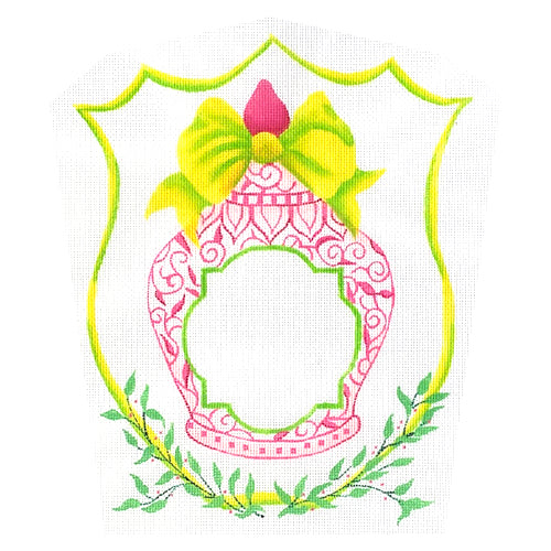 Monogram Crest - Chinese Vase with Bow in Green & Pink Painted Canvas Kate Dickerson Needlepoint Collections 