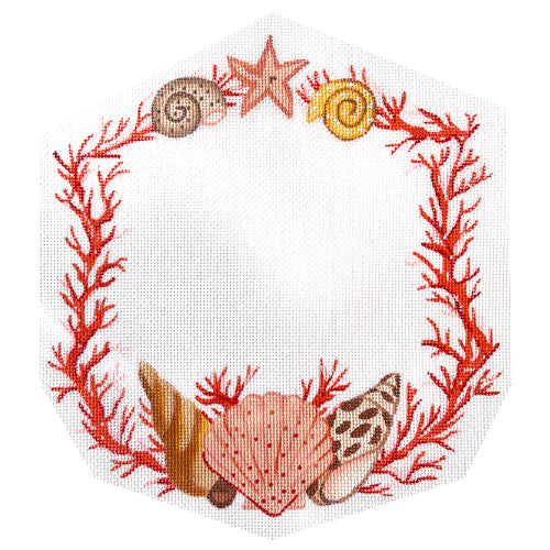 Monogram Crest - Coral & Shells with Starfish Painted Canvas Kate Dickerson Needlepoint Collections 