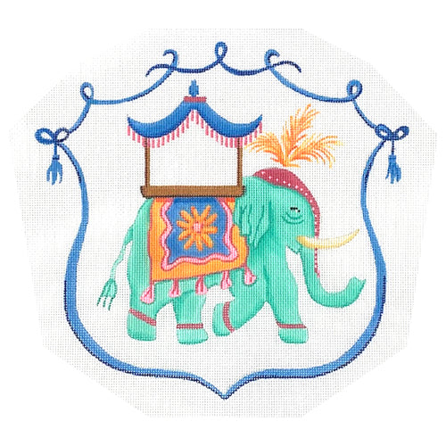 Monogram Crest   Elephant with Howdah Chair Painted Canvas Kate Dickerson Needlepoint Collections 
