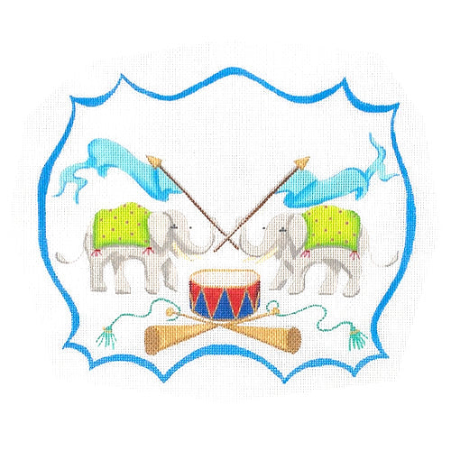 Monogram Crest   Elephants with Flags, Drum & Trumpets Painted Canvas Kate Dickerson Needlepoint Collections 
