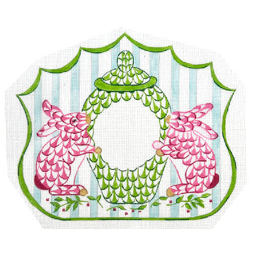 Monogram Crest - Fishnet Bunnies & Porcelain Pot in Pink & Green Painted Canvas Kate Dickerson Needlepoint Collections 