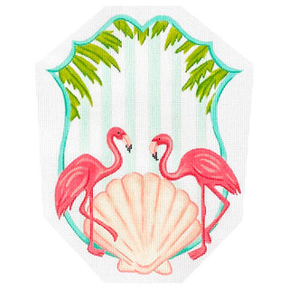 Monogram Crest   Flamingos, Scallops & Palms on Aqua Stripes Painted Canvas Kate Dickerson Needlepoint Collections 
