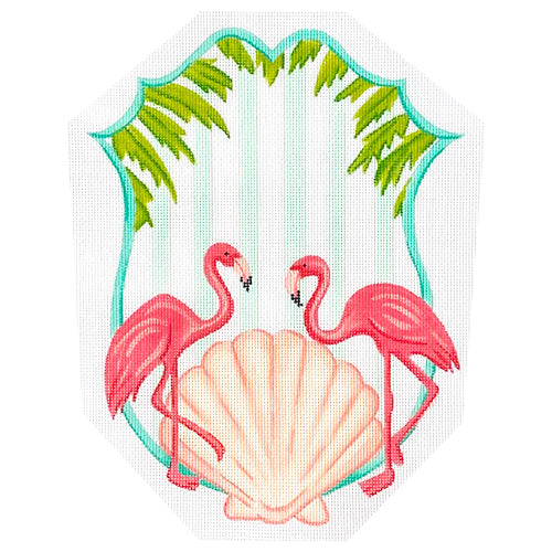 Monogram Crest - Flamingos, Scallops & Palms on Aqua Stripes Painted Canvas Kate Dickerson Needlepoint Collections 